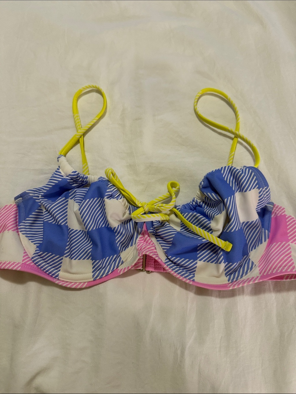 Cabana by Crown & Ivy Blue & Pink Checkered Bikini Top with Yellow Straps